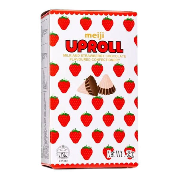 MEIJI Uproll Milk And Strawberry Chocolate Flavoured Confectionery 35g (Case 80)