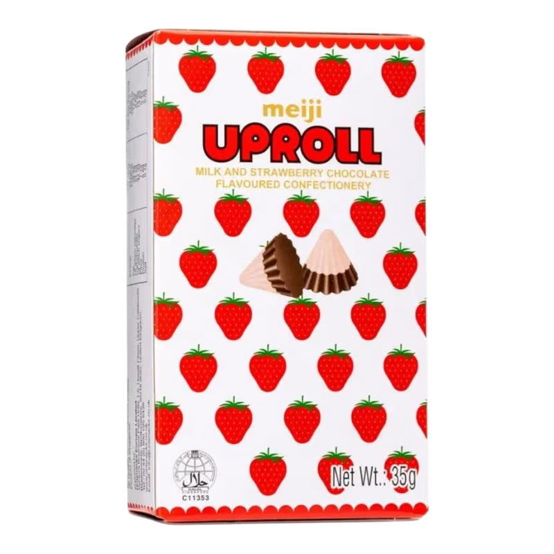 MEIJI Uproll Milk And Strawberry Chocolate Flavoured Confectionery 35g (Case 80)