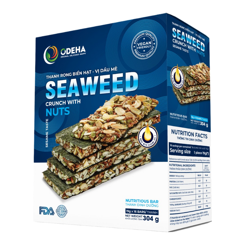 ODEHA Seaweed Crunch With Nuts - Sesame Taste (19Gr x 16 bars)