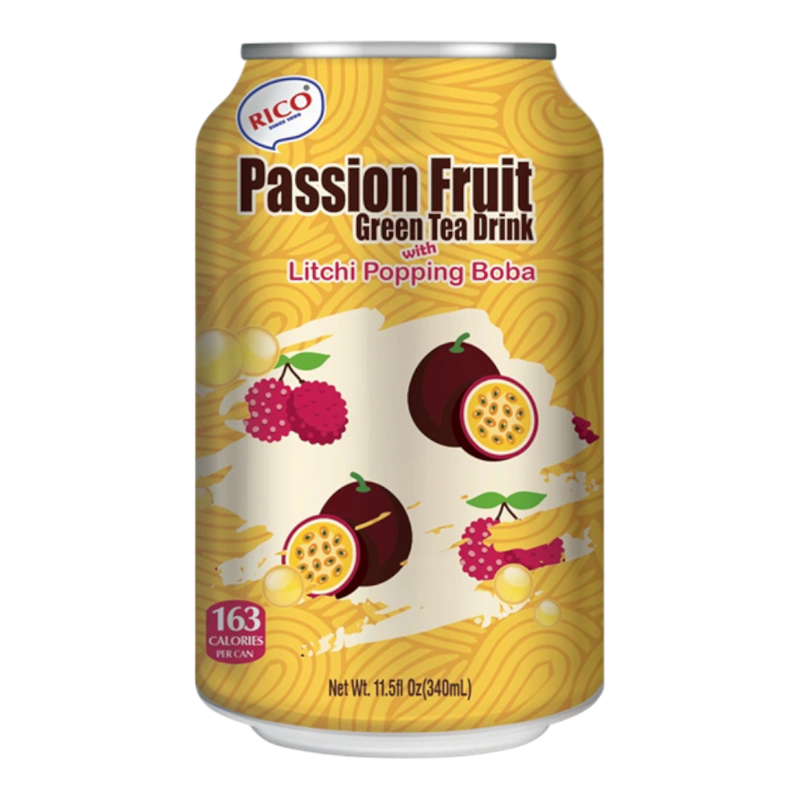 Rico- Passion Fruit Green Tea Drink (with Lychee Popping Boba) 340ml