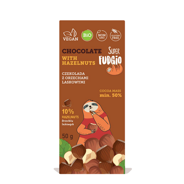 Super Fudgio Organic & Vegan Chocolate with hazelnuts 50g - Longdan Online Supermarket